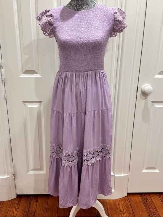 Zesica Dresses & Skirts - NEW Milkmaid Smocked Maxi Dress Size M Lavender Tiered Crochet Boho